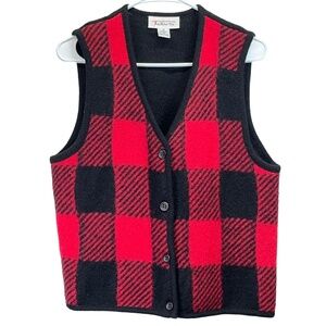 Vintage Talbots Red Black Buffalo Plaid Button Front Wool‎ Sweater Vest Medium